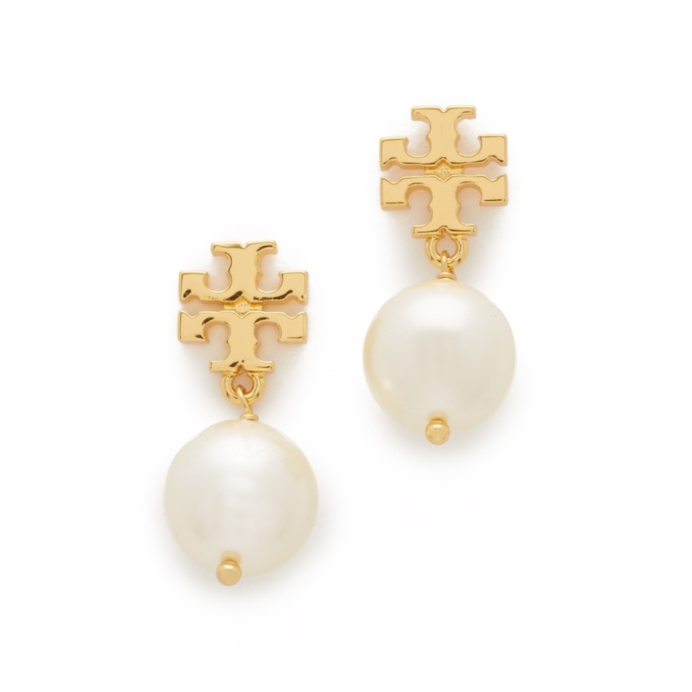 Tory burch pearl golden logo earrings